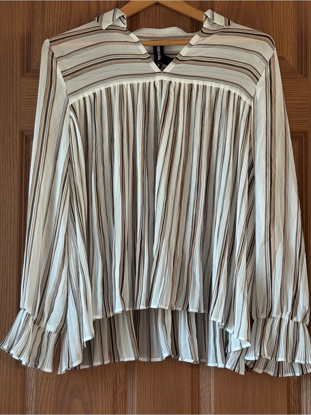 Agnes & Dora Ivory and Brown Striped Pleated V-Neck Blouse
